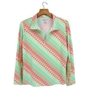 IBKUL Mesh Stretch Collared Quarter Zip Long Sleeve Golf Top in Retro Print XL